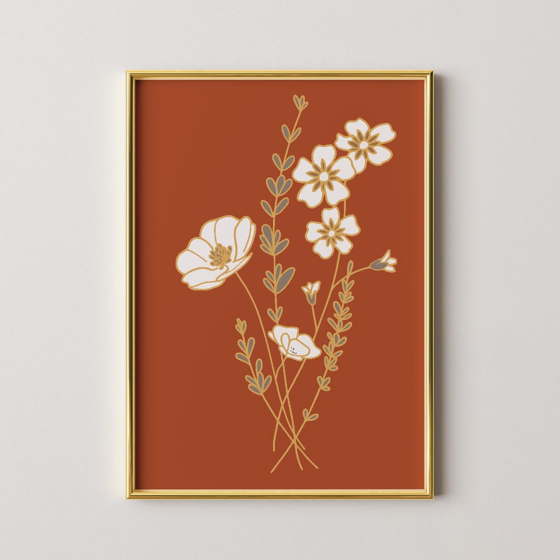 Retro 70s White Wildflowers Botanical Poster on Burnt Orange Ground