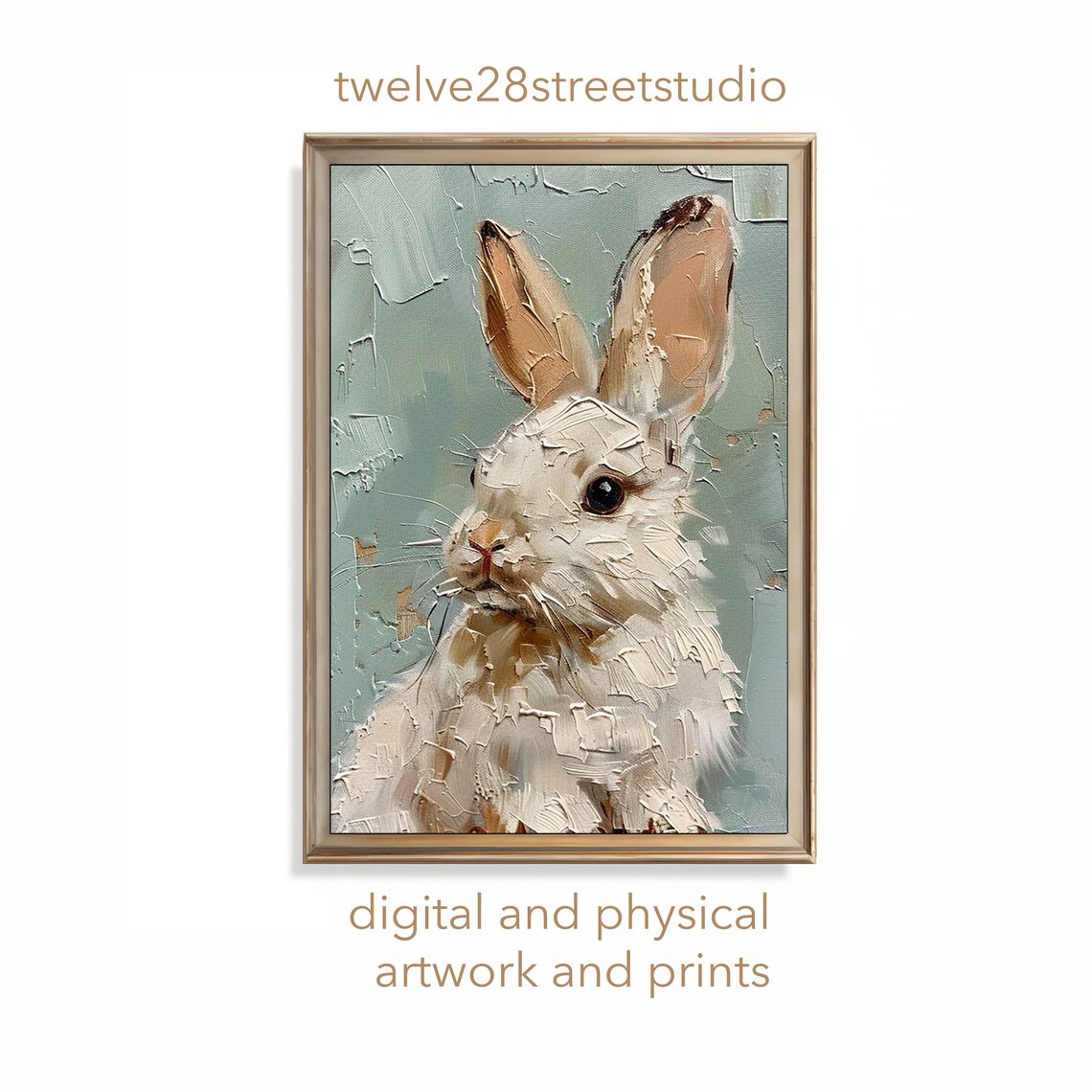 White Bunny Rabbit Portrait Textured Impasto Sage Green Nursery Art Poster