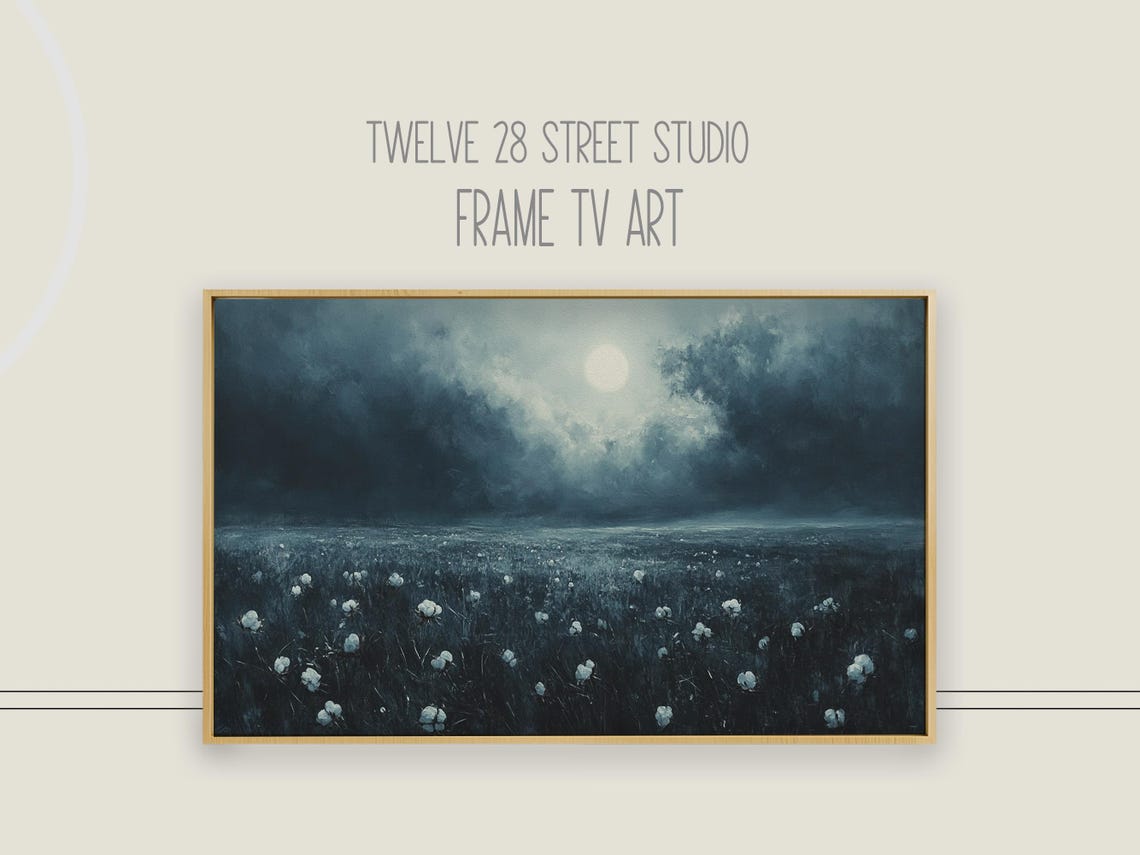 Moonlit White Flower Field Cloudy Night Sky Dark Botanical Art Print