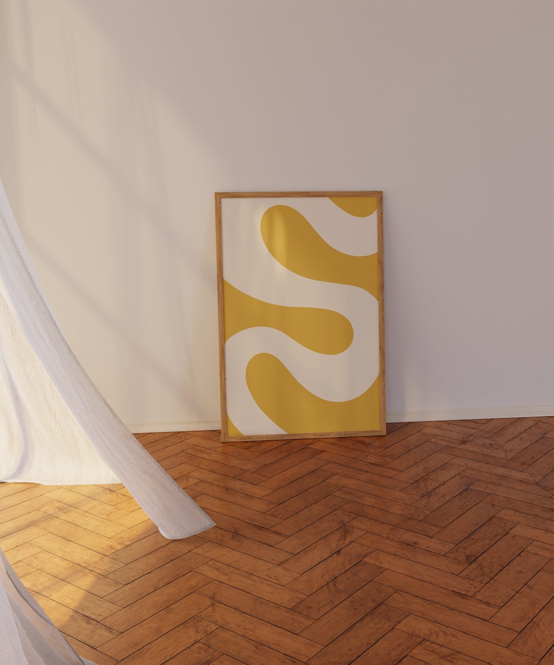 Mustard Yellow Wavy Curves Abstract Modern Wall Poster Decor - Image 2