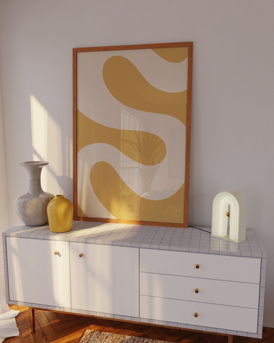 Mustard Yellow Wavy Curves Abstract Modern Wall Poster Decor - Image 3