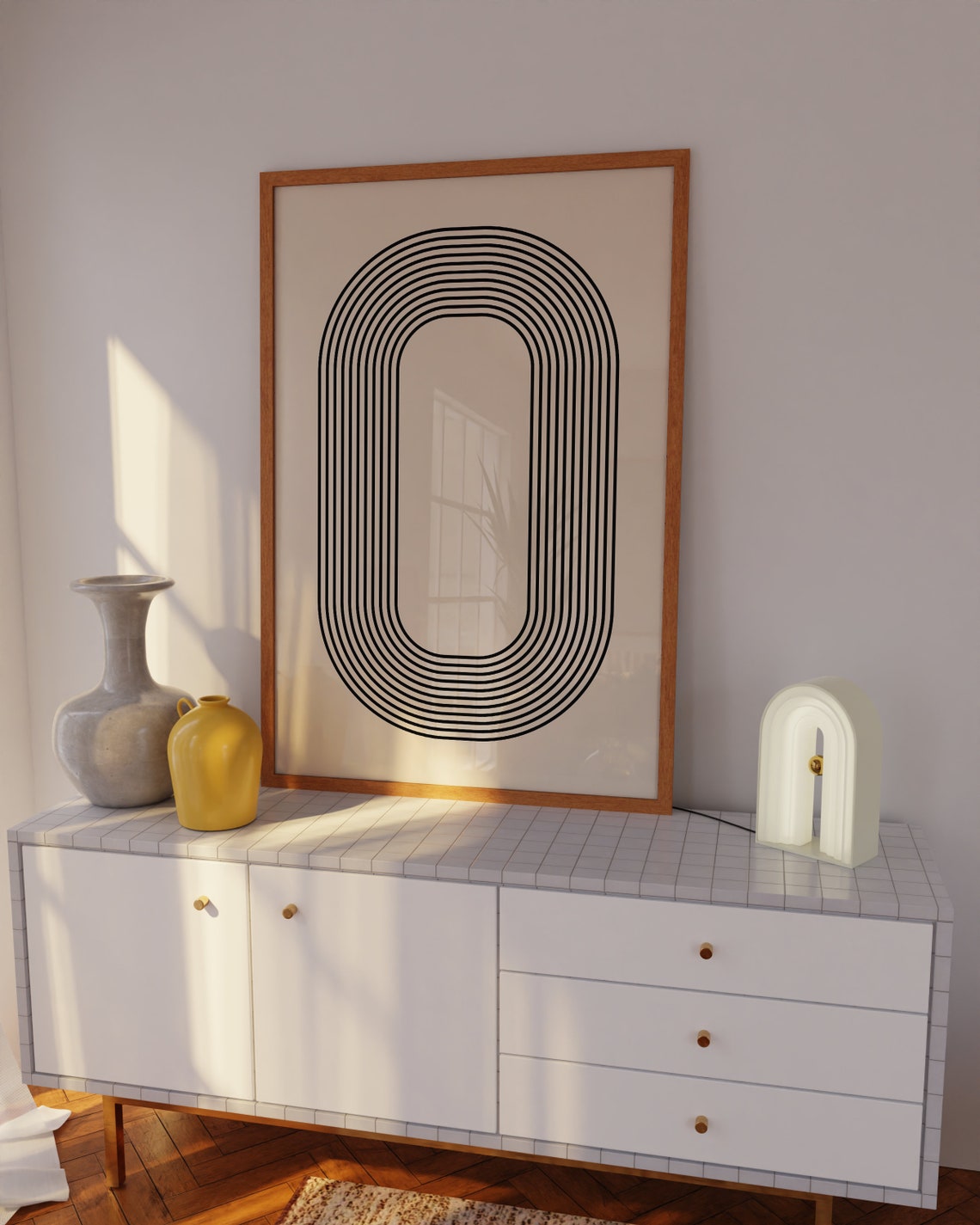 Mid Century Modern Concentric Oval Ring Beige Line Art Poster - Image 3