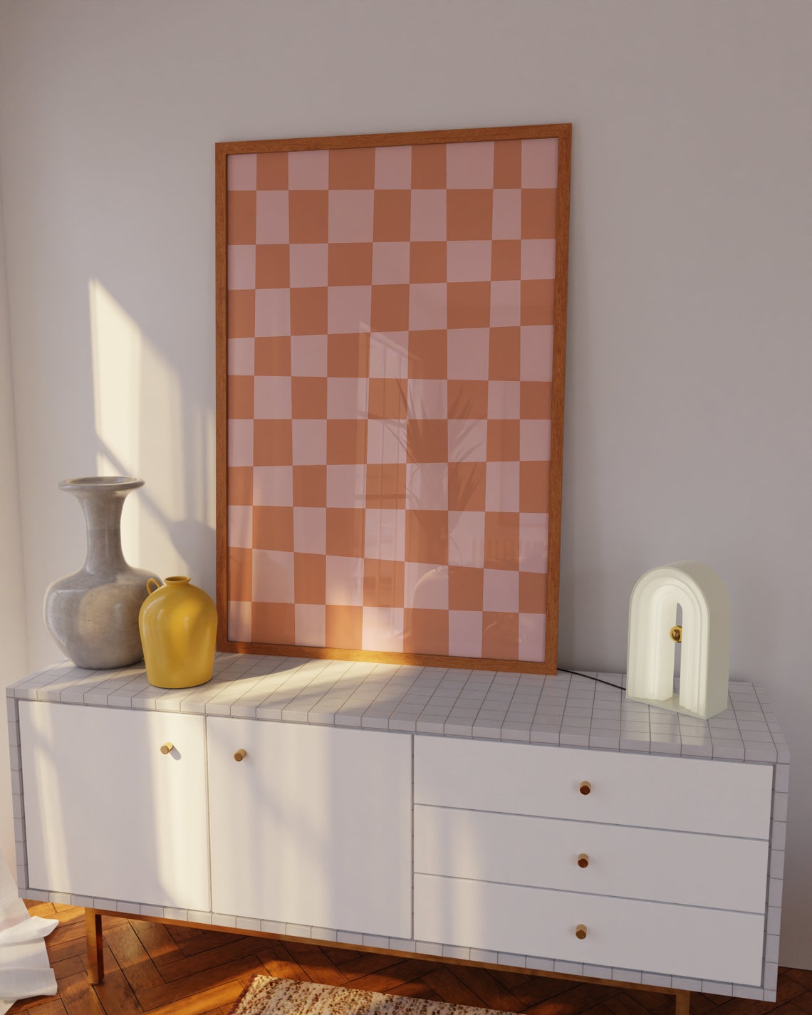 Coral Peach Checkerboard Playful Retro Hand Drawn Pattern Poster - Image 3