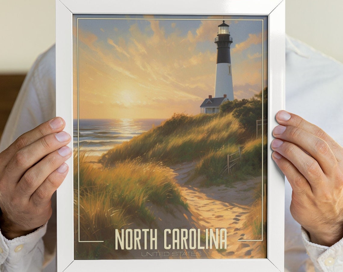 North Carolina Lighthouse Sunset Dunes Ocean Coast Travel Poster