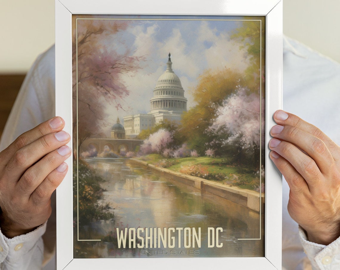 Washington DC Capitol Cherry Blossoms Reflection Travel Poster