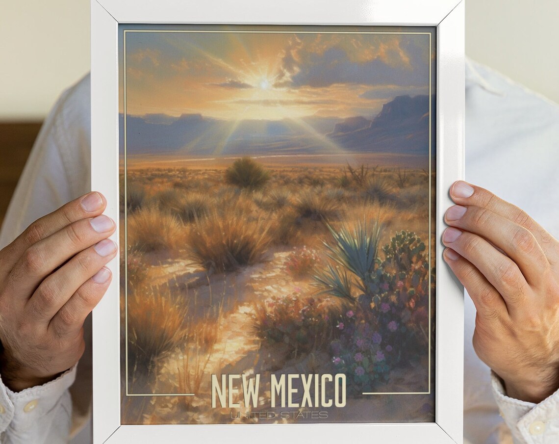 New Mexico Desert Sunset Cacti Agave Wildflower Glow Travel Poster