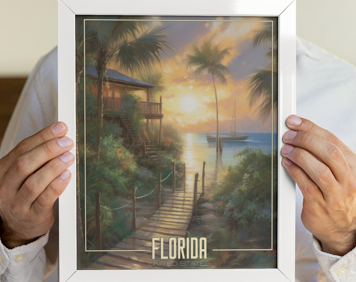 Florida Beach Boardwalk Sunrise Stilt House Palms Travel Poster