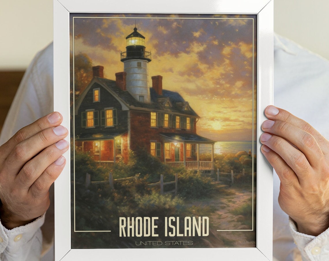 Rhode Island Lighthouse Keeper Cottage Golden Sunset Seaside Poster