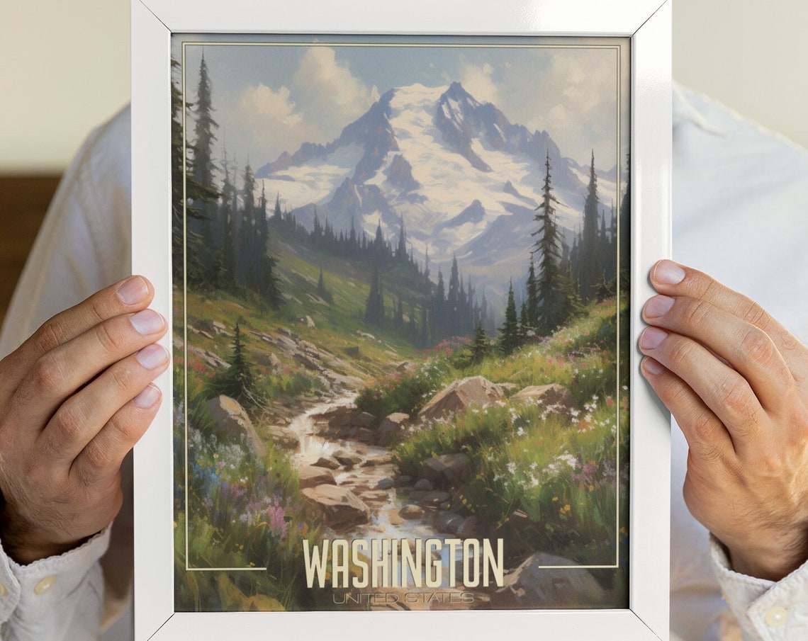 Washington Snowcapped Peak Pine Forest Wildflower Stream Travel Poster