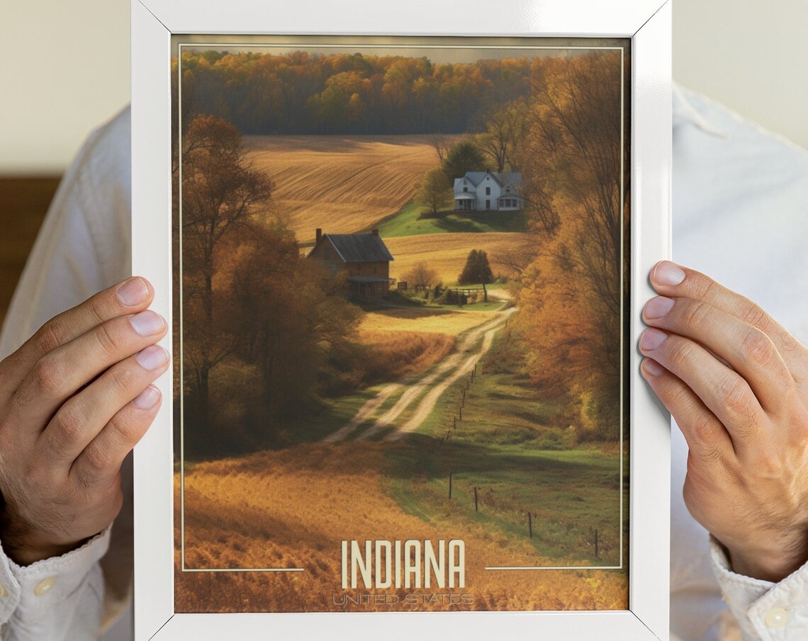 Indiana Autumn Farmland Barn Harvest Golden Fields Travel Poster