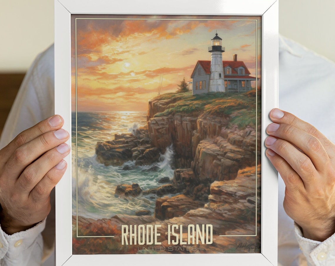 Rhode Island Harbor Sailboats Sunset Rocky Coast Sailing Art Poster