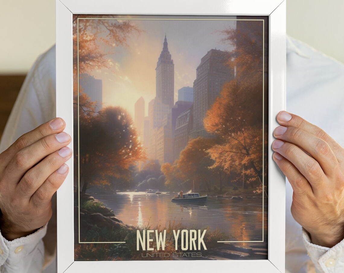 New York City Central Park Autumn Skyline Golden Fall Travel Poster
