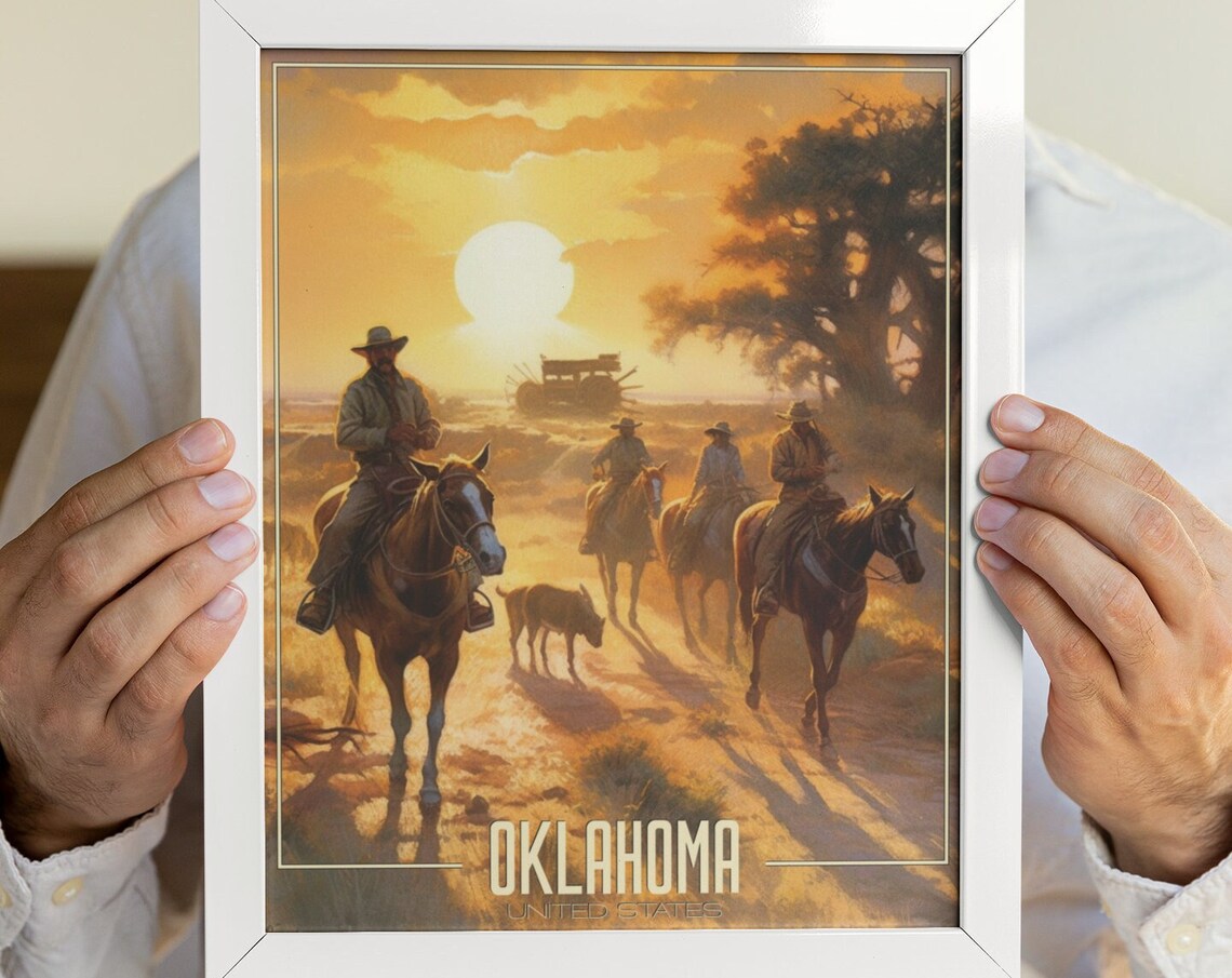Oklahoma United States Cowboys Horseback Golden Sunset Travel Poster