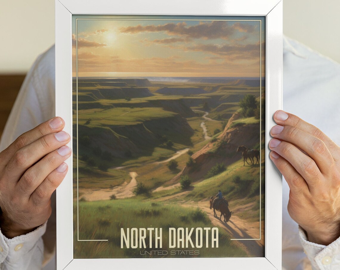 North Dakota Badlands Horseback Rider Hills Sunset Travel Poster