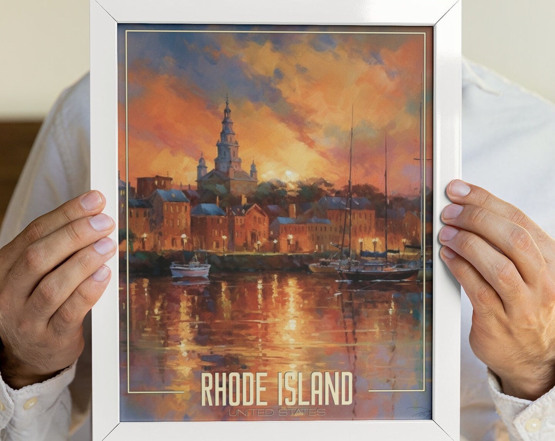 Rhode Island Waterfront Old Town Sunset Church Steeple Travel Poster