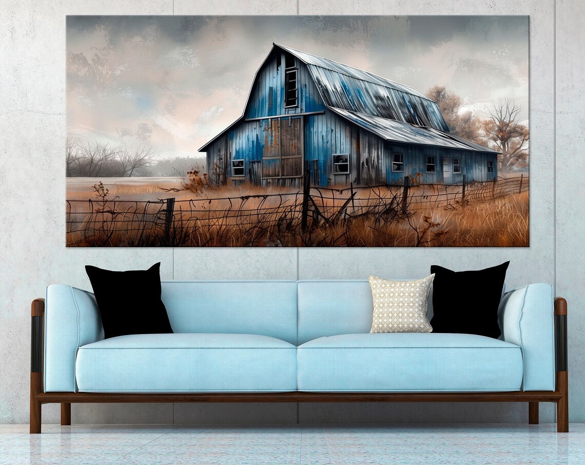Rustic Blue Barn, Vintage Country Farmhouse Art Print