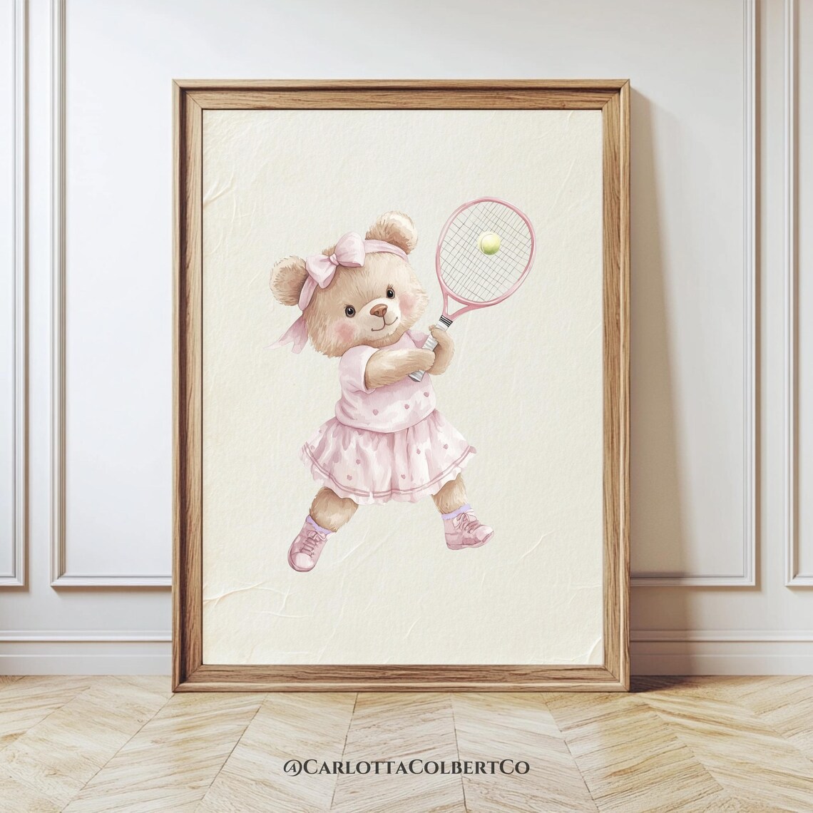 Vintage Tennis Teddy Bear Pink Girls Nursery Sport Poster Art