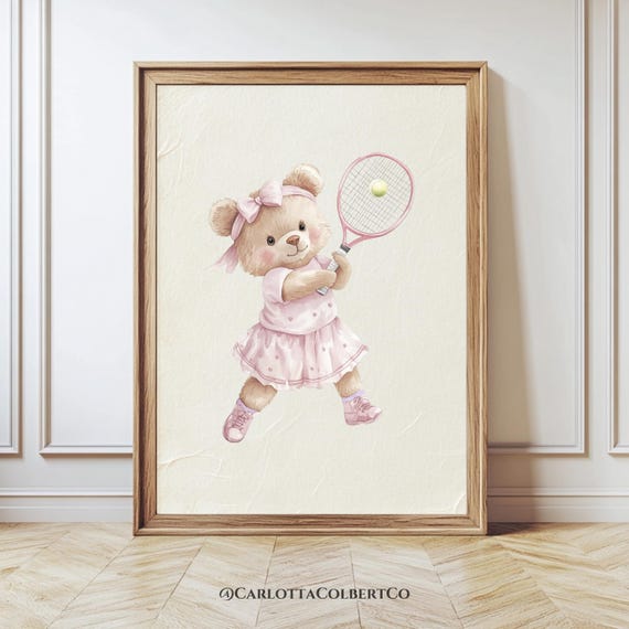 Vintage Tennis Bear Nursery Art Playing Girls Room Pink Bow Poster Teddy Girl