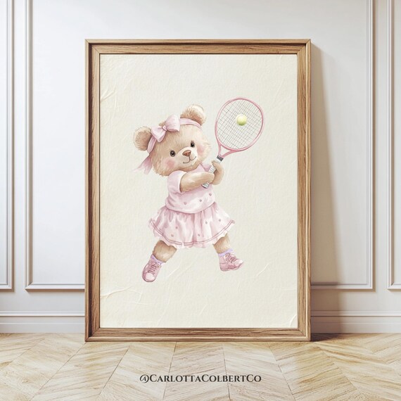 Vintage Tennis Teddy Bear Pink Girls Nursery Sport Poster Art