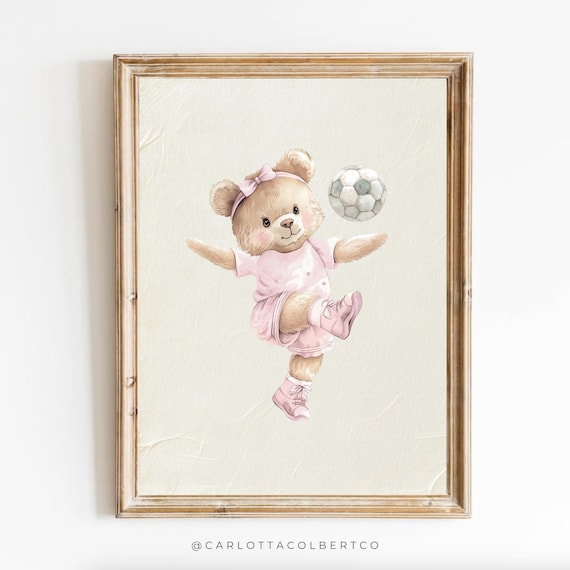 Vintage Soccer Teddy Bear Pink Girls Nursery Sport Poster Art