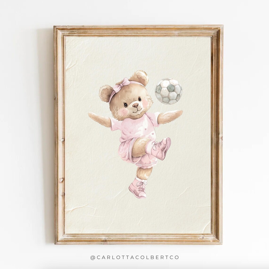 Vintage Soccer Teddy Bear Pink Girls Nursery Sport Poster Art