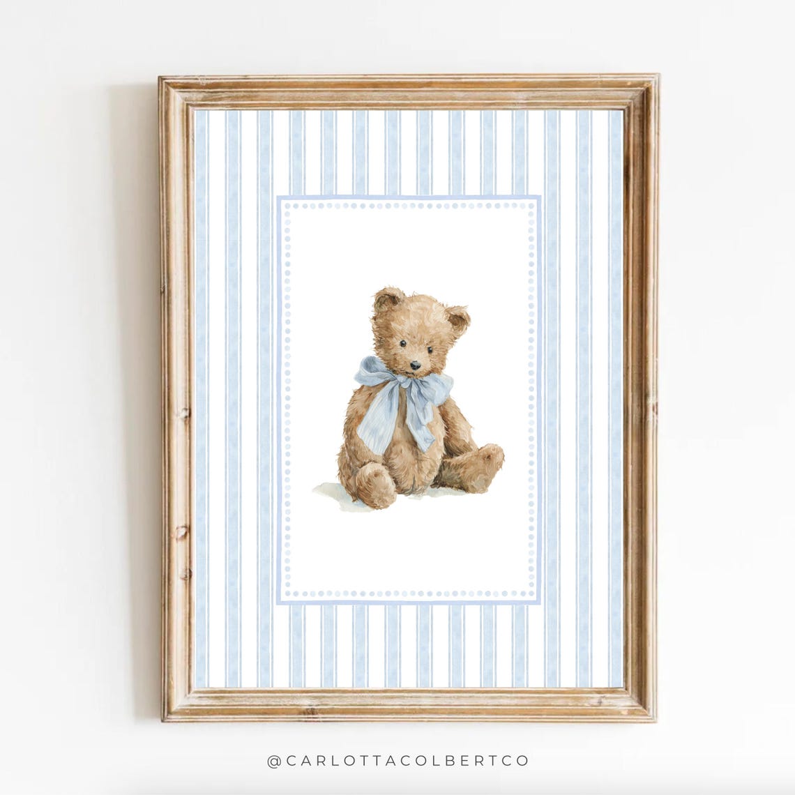 Classic Teddy Bear With Blue Bow Watercolor Nursery Art Poster Sitting