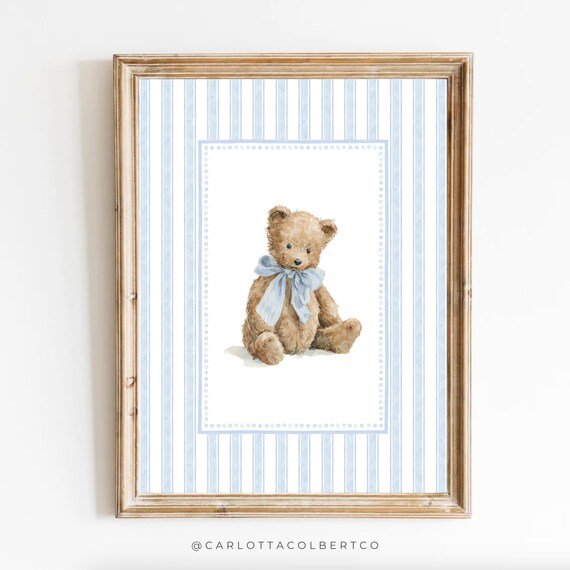 Bear Nursery Art Vintage Blue Boy Decor Grandmillennial Teddy Poster Baby Room