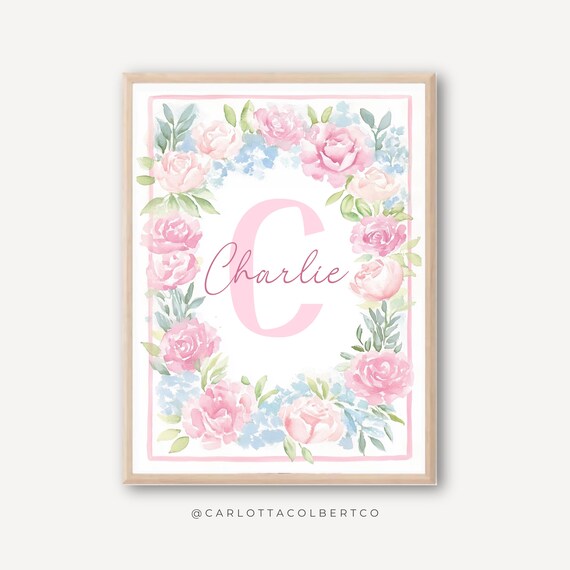Floral Custom Baby Name Print Girl Art Pink Nursery Wall Flower Room Decor Gift