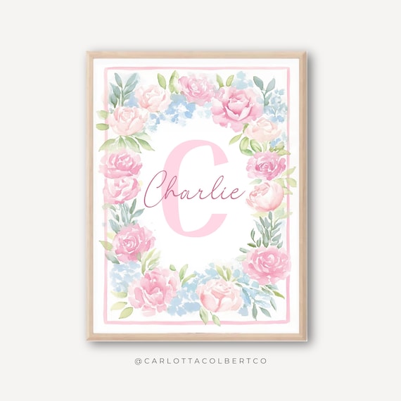 Personalized Pink Floral Charlie Name Nursery Poster Baby Girl Gift