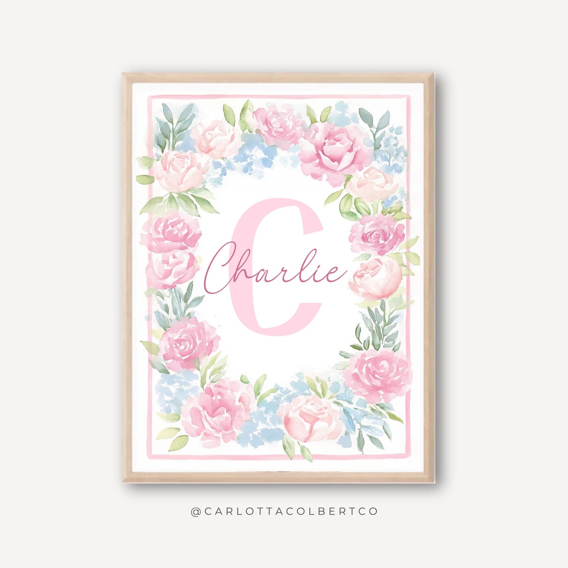 Personalized Pink Floral Charlie Name Nursery Poster Baby Girl Gift