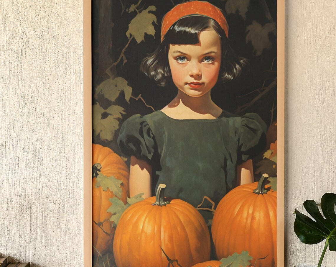 Autumn Girl Pumpkins Poster Vintage Fall Harvest Portrait Art