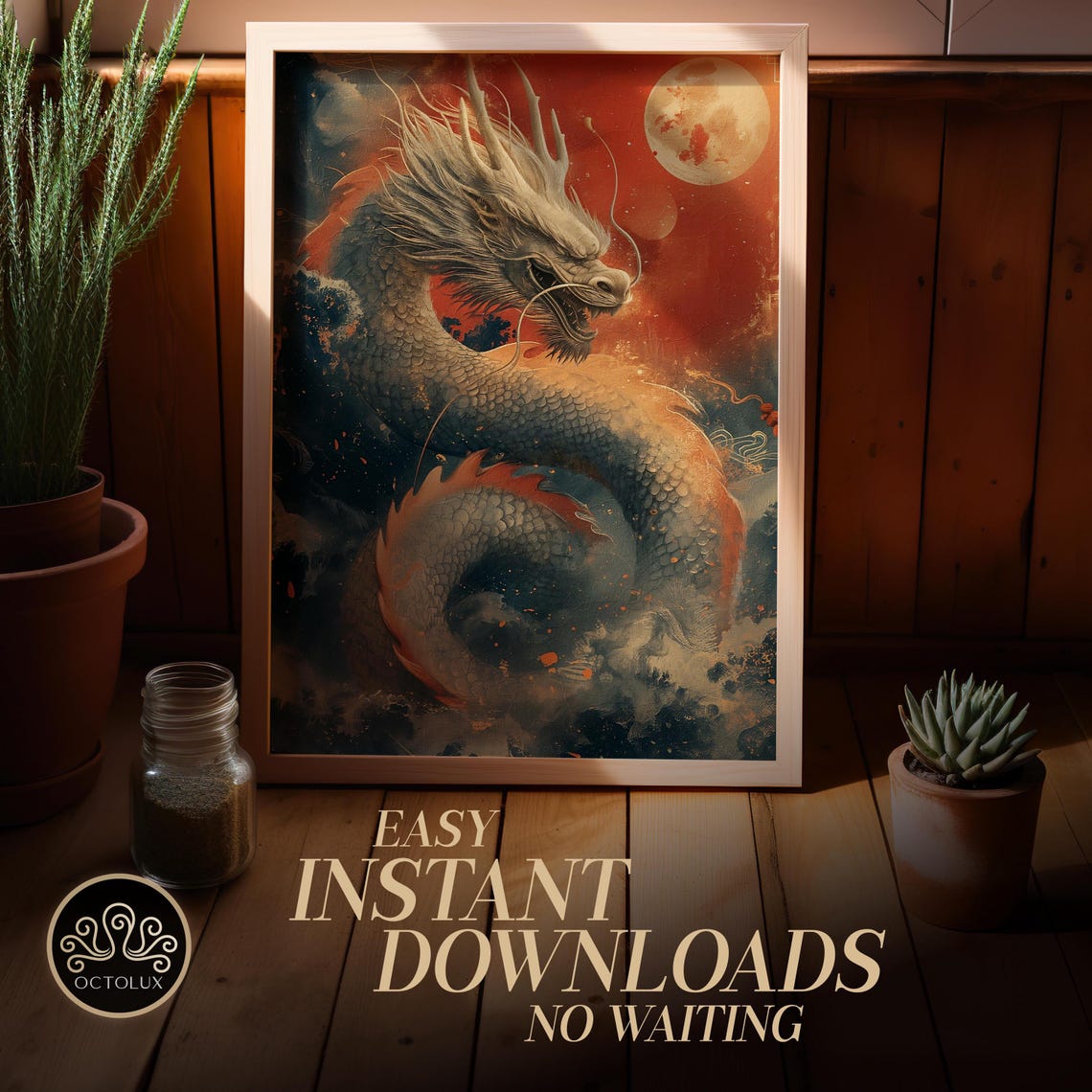Chinese Dragon Red Sunset Full Moon Year Of The Dragon Art Poster - Image 2