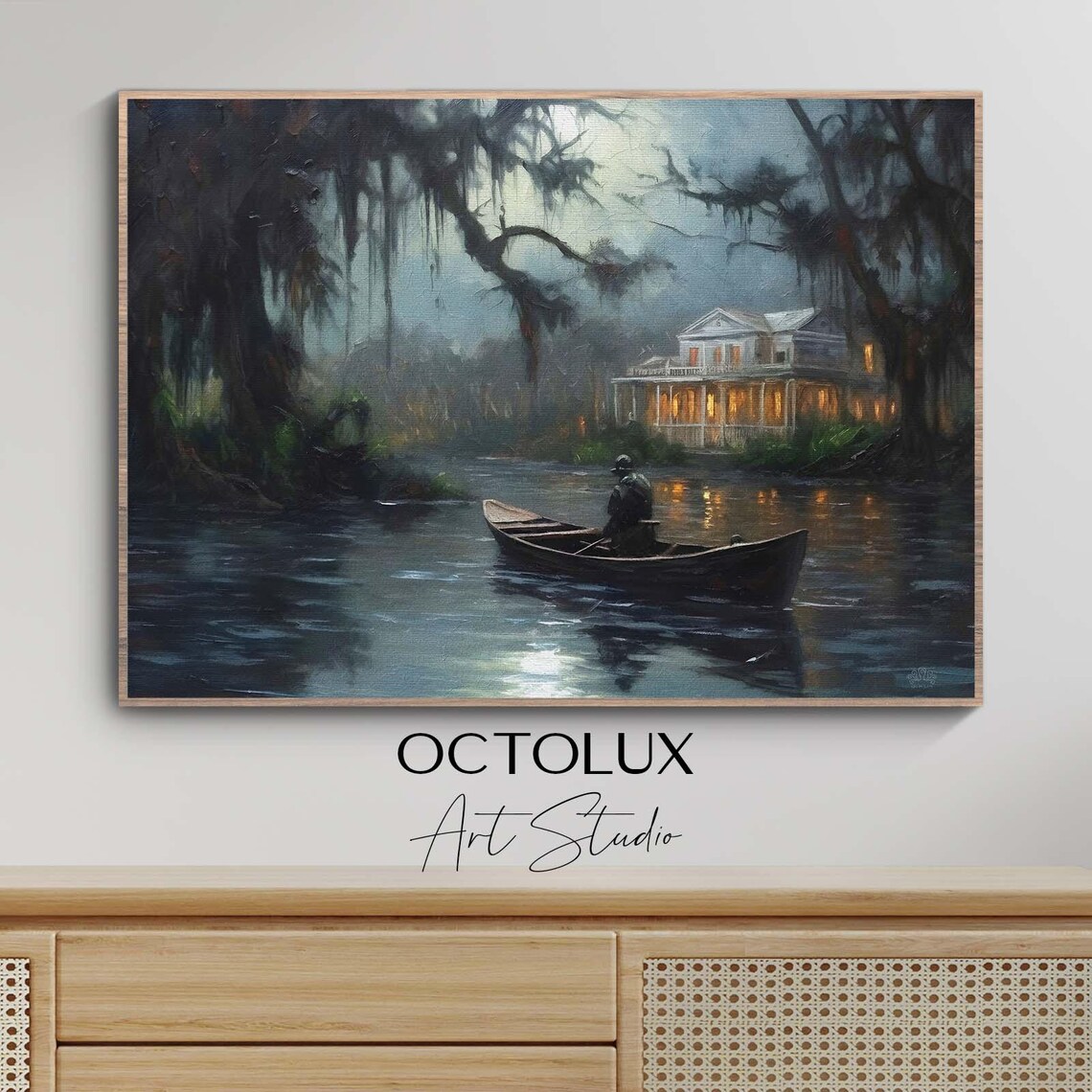 Southern Gothic Haunted Bayou Mansion Moonlit Boatman Dark Wall Art Print - Image 3