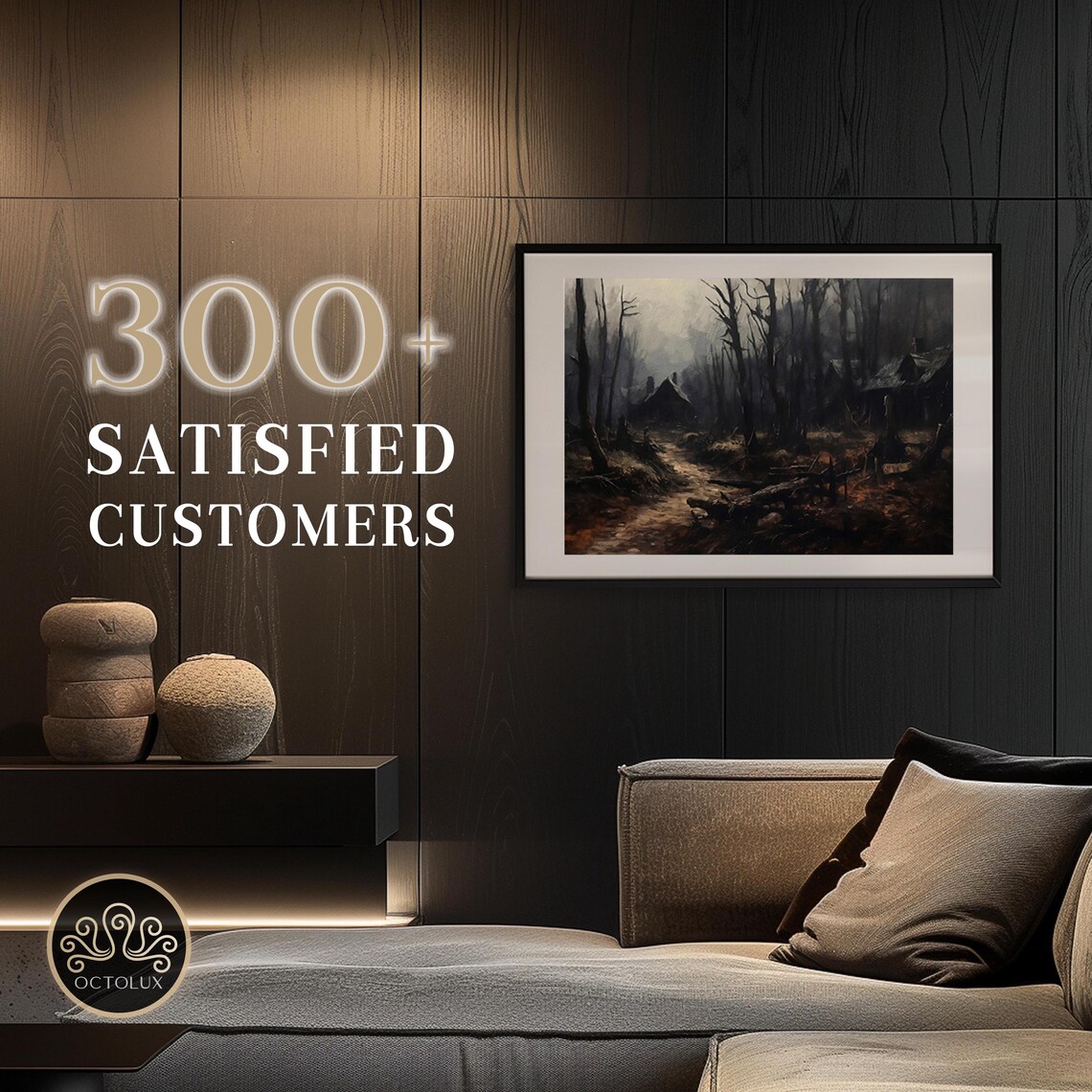 Dark Cottage In Misty Bare Forest Moody Gothic Landscape Wall Art Print - Image 2