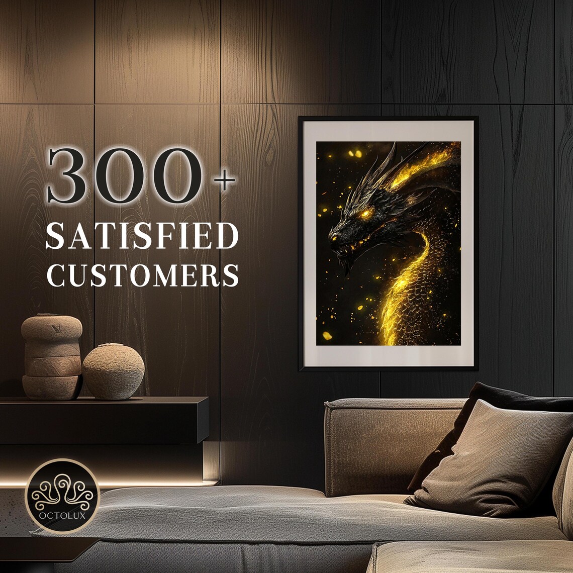 Power Black Gold Dragon Triple Panel Motivational Fantasy Wall Art Print - Image 2