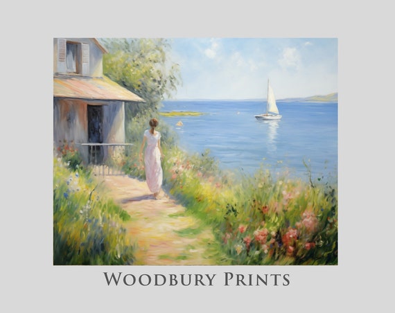 Woman Looking At Lake With Sailboat On A Sunny Summer Day Vintage Inspired Landscape Print