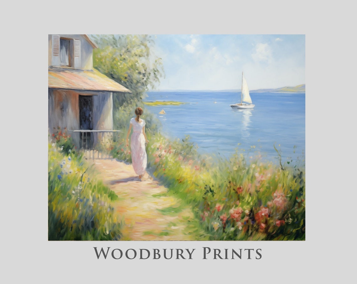 Woman Looking At Lake With Sailboat On A Sunny Summer Day Vintage Inspired Landscape Print