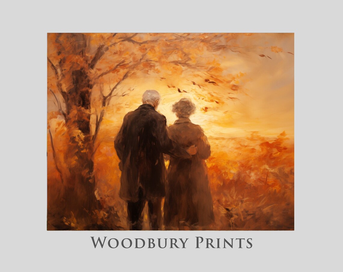Elderly Couple Walking Together At A Golden Autumn Sunset Poster