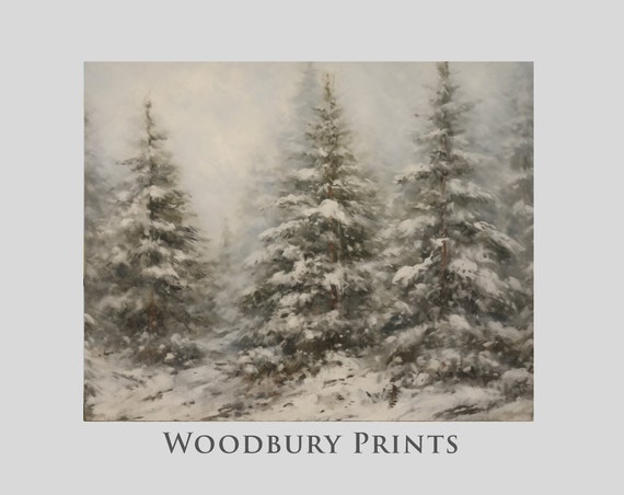Evergreen Trees Under Snowfall Vintage Inspired Landscape Print