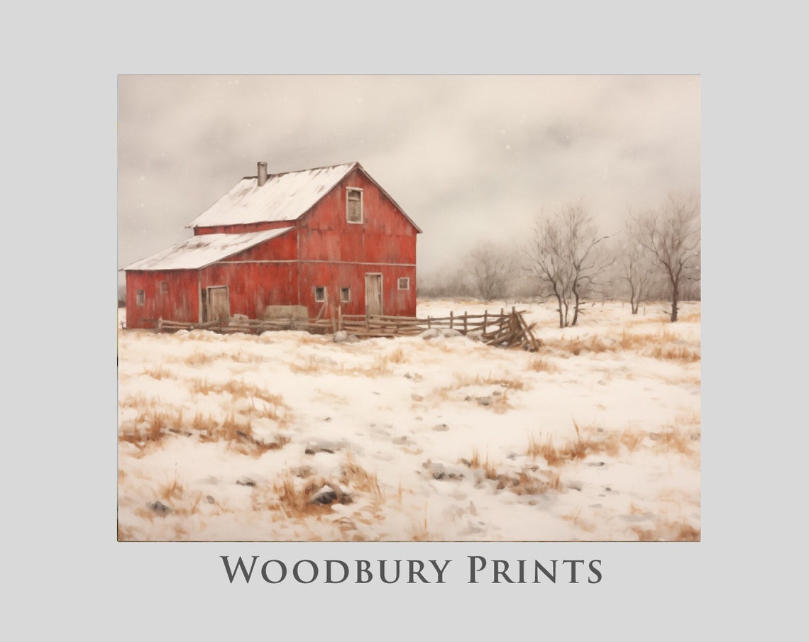 Red Barn Standing In A Snowy Winter Field Rustic Landscape Poster