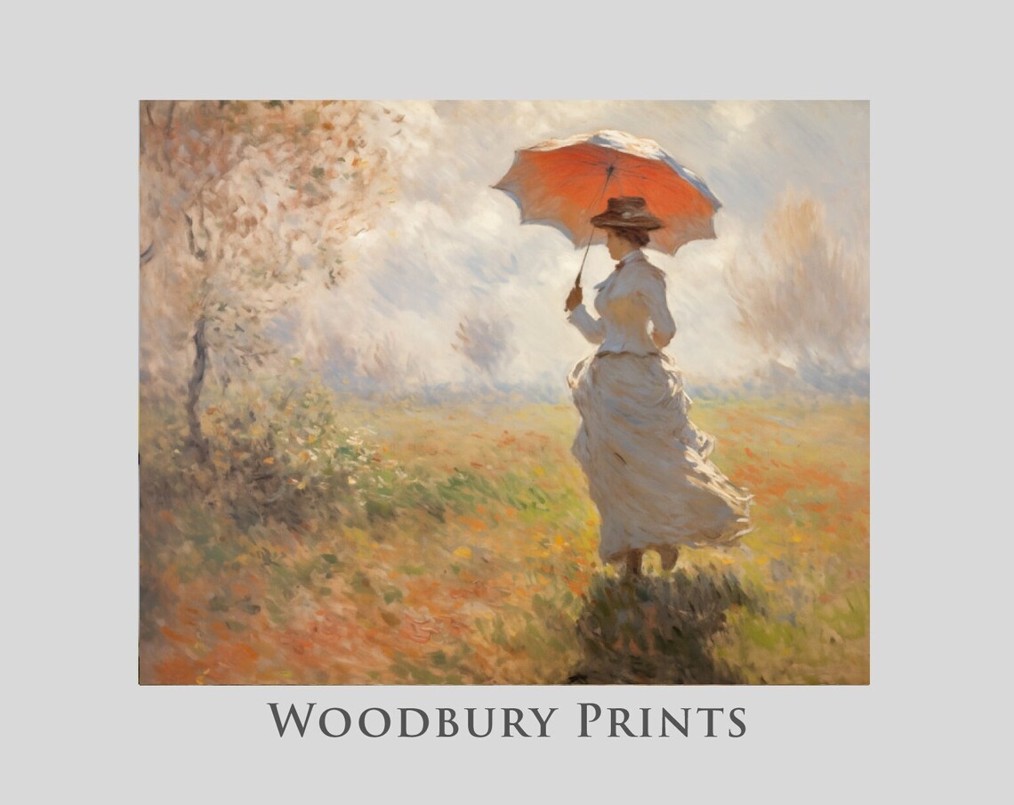 Woman With Red Parasol In Autumn Field Impressionist Art Poster