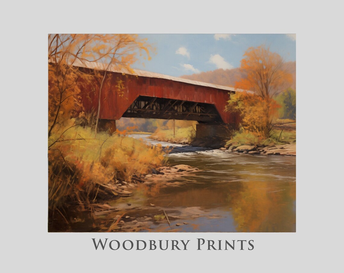 Red Covered Bridge Over an Autumn River Landscape Scene Poster
