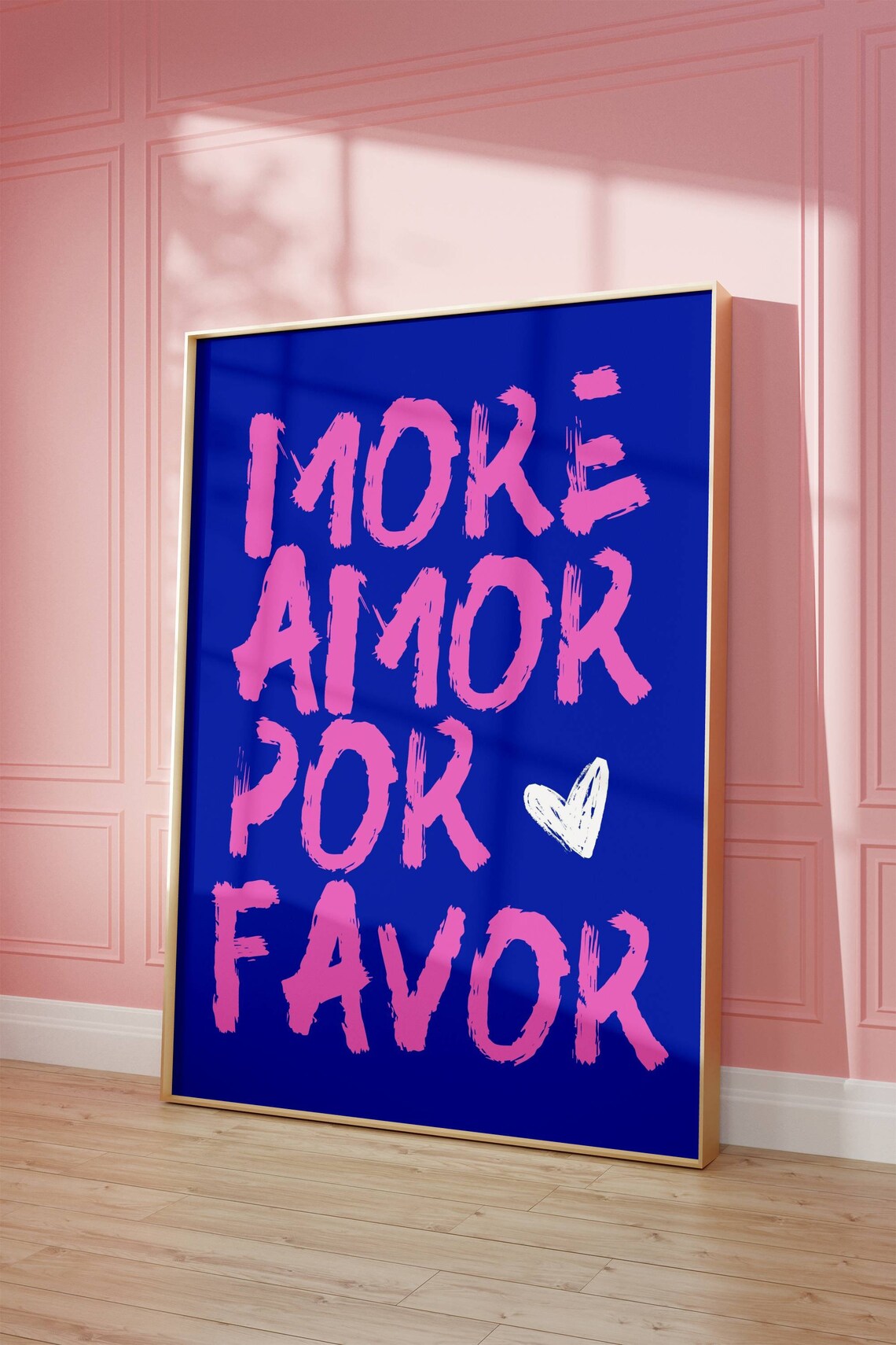 More Amor Por Favor Pink On Blue Maximalist Spanish Quote Poster