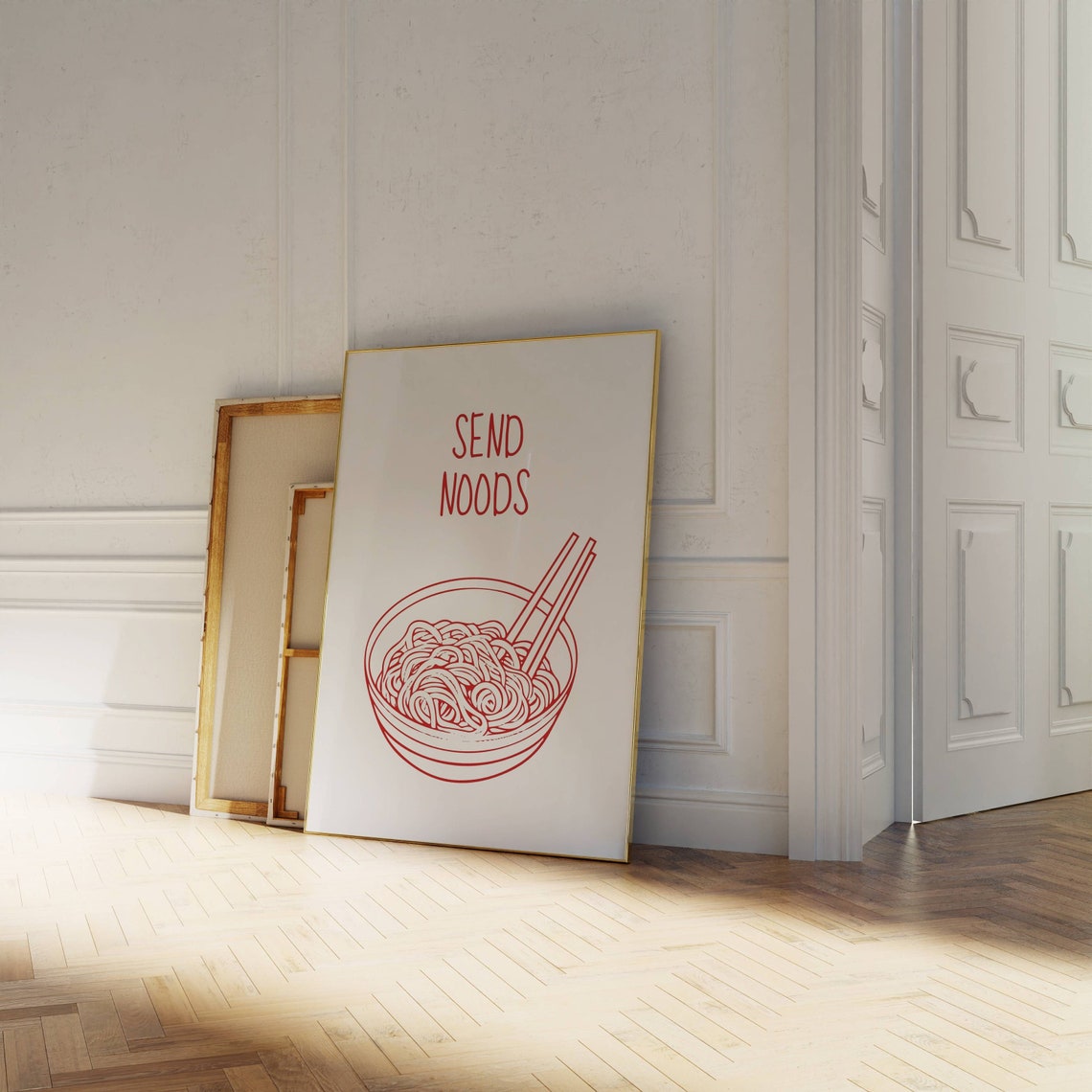 Send Noods Funny Ramen Noodle Bowl Red Line Art Kitchen Poster