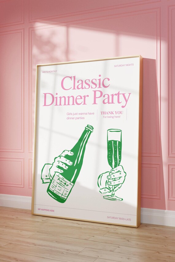 Classic Dinner Party Champagne Green Hands Festive Retro Poster