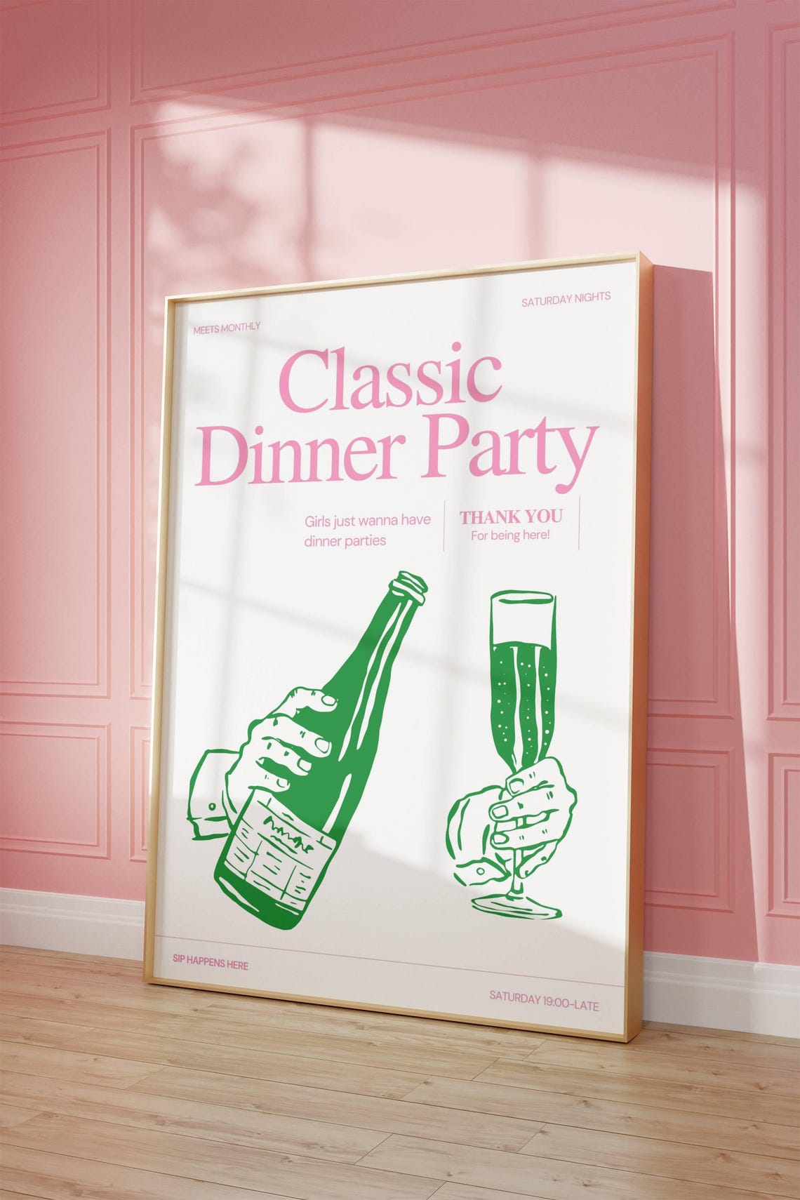 Classic Dinner Party Champagne Green Hands Festive Retro Poster