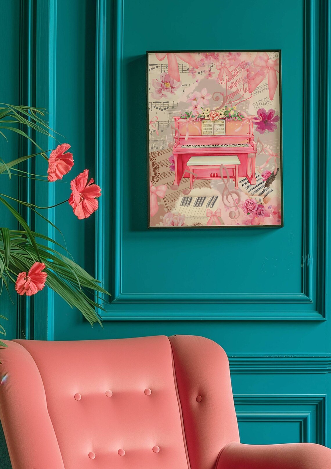 Pink Coquette Piano Collage Watercolor Music Room Decor Poster - Image 3