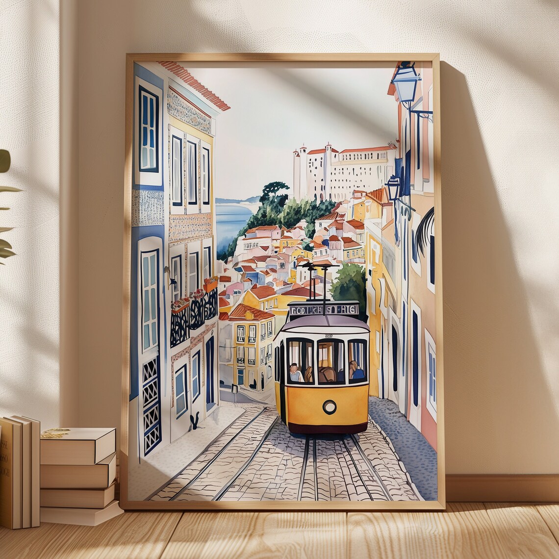 Lisbon Portugal Yellow Tram Alfama Cobblestone Street Poster