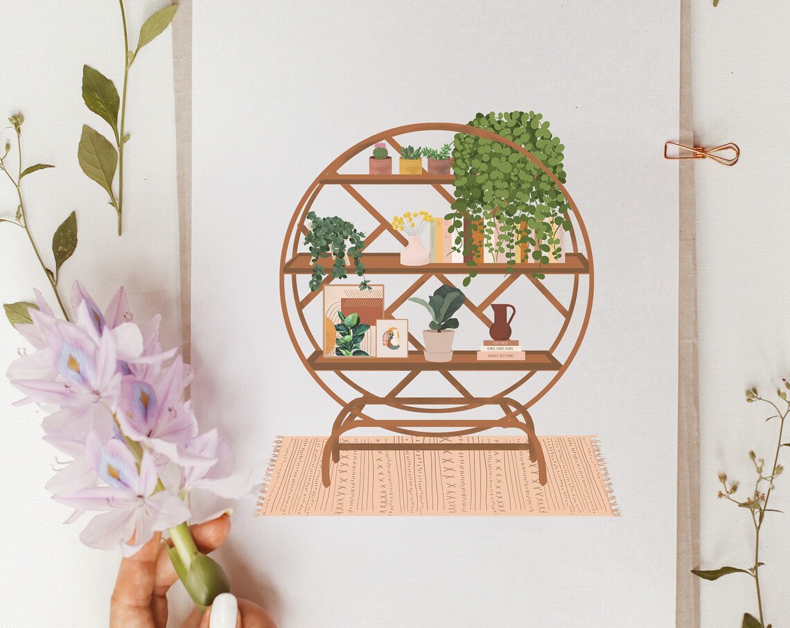Round Boho Shelf With Plants Books And Vases Illustration Poster