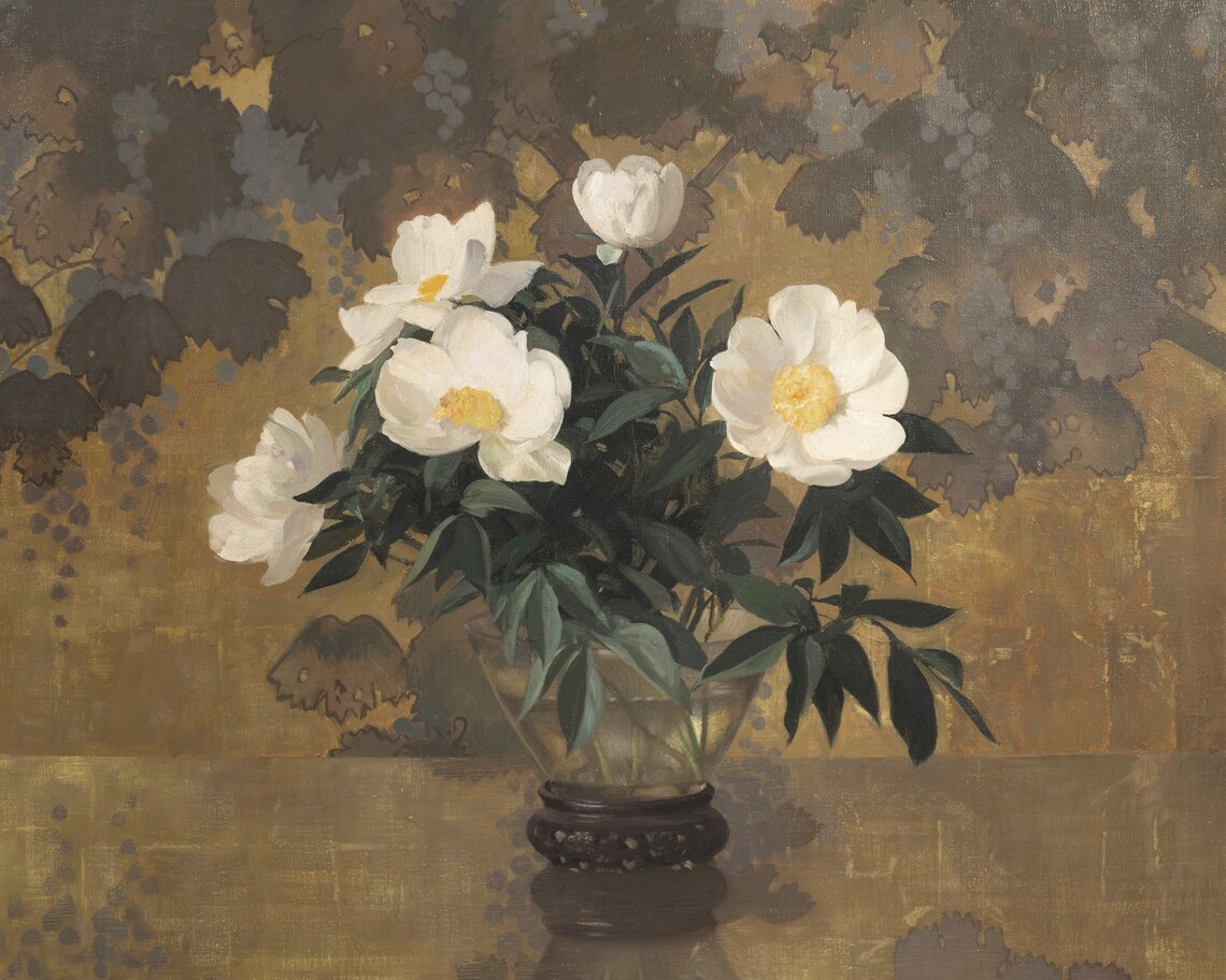 Vintage Gold Peony Floral Art Print, Antique Bouquet - Image 3